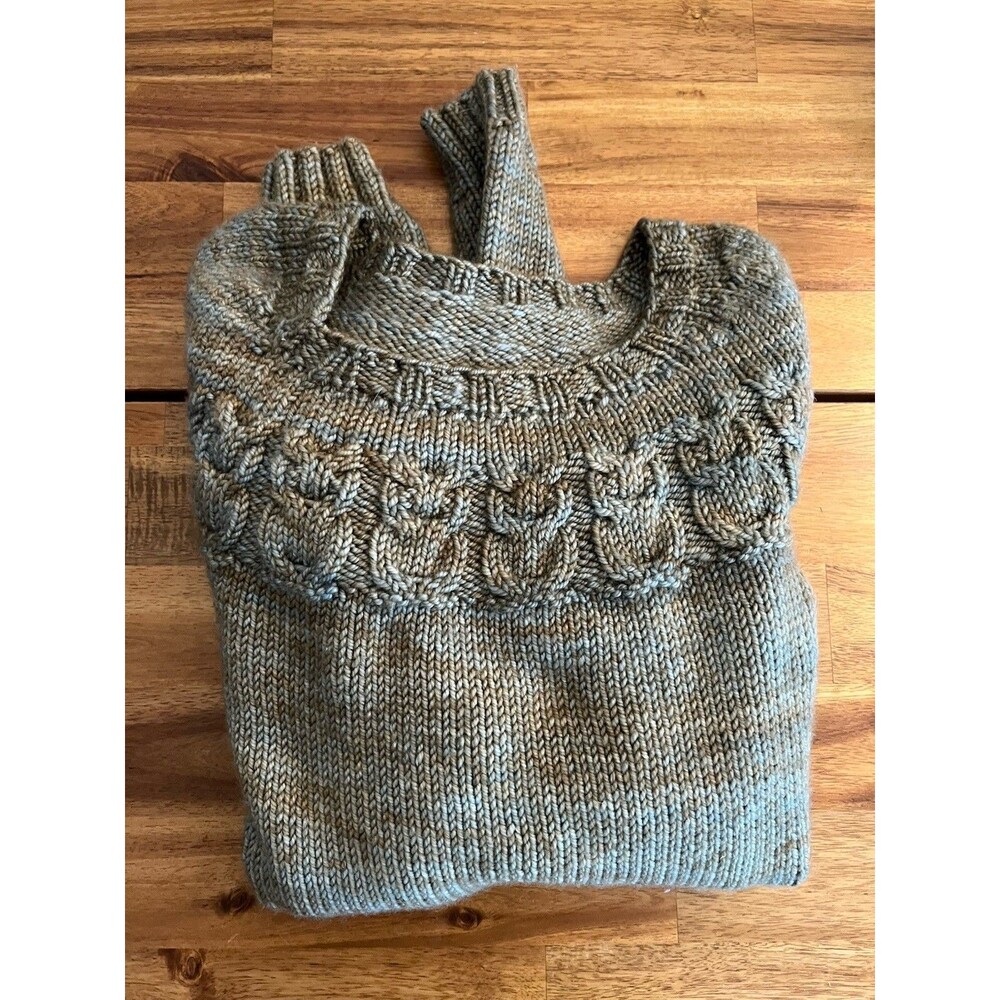 Kate Davies Owl Sweater Light Blue Green Cable Knit Wool Women's Pullover